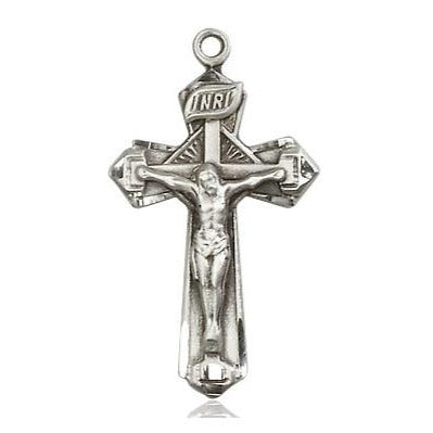 Crucifix Medal Necklace - Sterling Silver - 1-1/8 Inch Tall x 5/8 Inch Wide with 18" Chain