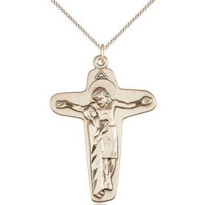 Sorrowful Mother Crucifix Medal Necklace - 14K Gold Filled - 1-5/8 Inch Tall x 1-1/8 Inch Wide with 18" Chain