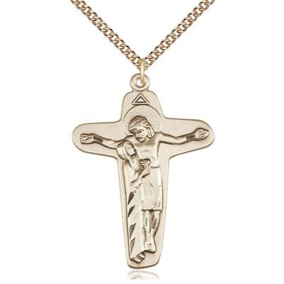 Sorrowful Mother Crucifix Medal Necklace - 14K Gold Filled - 1-5/8 Inch Tall x 1-1/8 Inch Wide with 24" Chain