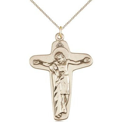 Sorrowful Mother Crucifix Medal Necklace - 14K Gold - 1-5/8 Inch Tall x 1-1/8 Inch Wide with 18" Chain