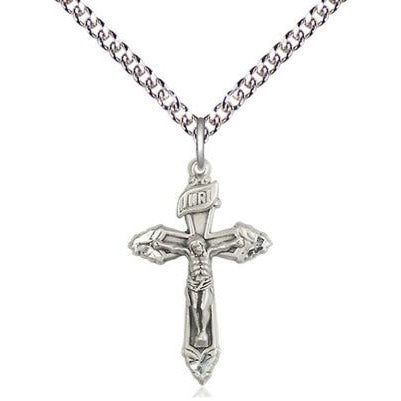 Crucifix Medal Necklace - Sterling Silver - 7/8 Inch Tall x 1/2 Inch Wide with 24" Chain