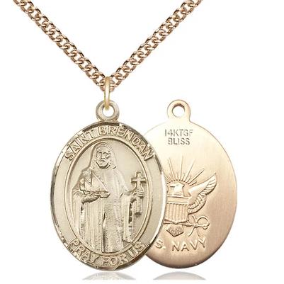 St. Brendan Navy Medal Necklace - 14K Gold Filled - 1 Inch Tall x 3/4 Inch Wide with 24" Chain