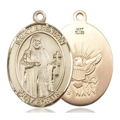 St. Brendan Navy Medal Necklace - 14K Gold - 1 Inch Tall x 3/4 Inch Wide with 24" Chain