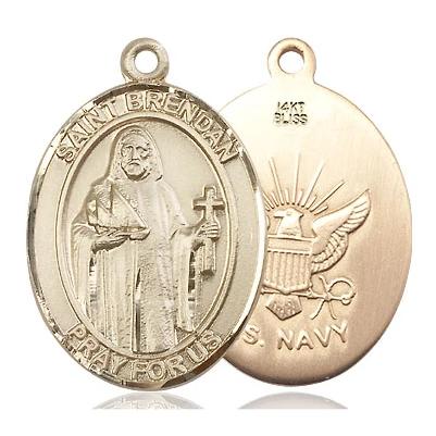 St. Brendan Navy Medal Necklace - 14K Gold - 1 Inch Tall x 3/4 Inch Wide with 18" Chain