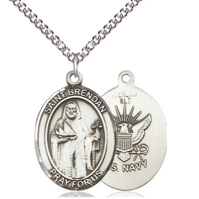 St. Brendan Navy Medal Necklace - Sterling Silver - 1 Inch Tall x 3/4 Inch Wide with 24" Chain