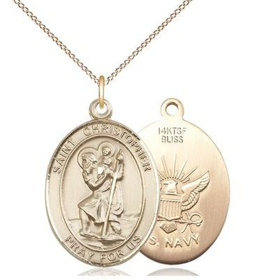 St. Christopher Navy Medal Necklace - 14K Gold Filled - 1 Inch Tall x 3/4 Inch Wide with 18" Chain