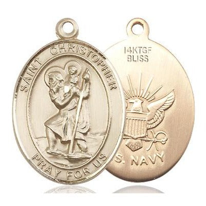 St. Christopher Navy Medal Necklace - 14K Gold Filled - 1 Inch Tall x 3/4 Inch Wide with 18" Chain