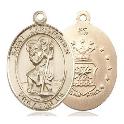 St. Christopher Air Force Medal Necklace - 14K Gold - 1 Inch Tall x 3/4 Inch Wide with 24" Chain