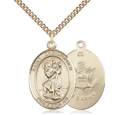 St. Christopher Army Medal Necklace - 14K Gold - 1 Inch Tall x 3/4 Inch Wide with 24" Chain