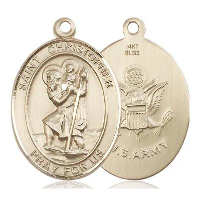 St. Christopher Army Medal Necklace - 14K Gold - 1 Inch Tall x 3/4 Inch Wide with 24" Chain