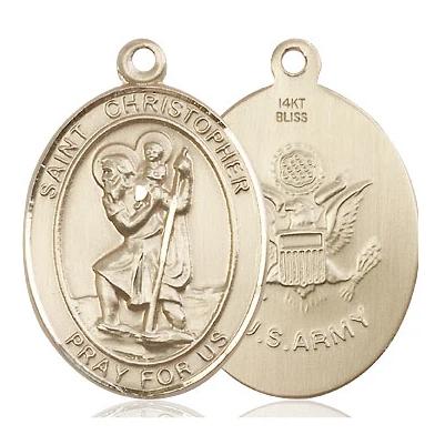 St. Christopher Army Medal Necklace - 14K Gold - 1 Inch Tall x 3/4 Inch Wide with 18" Chain