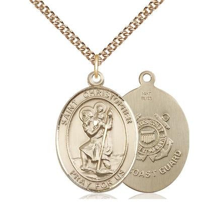 St. Christopher Coast Guard Medal Necklace - 14K Gold - 1 Inch Tall x 3/4 Inch Wide with 24" Chain