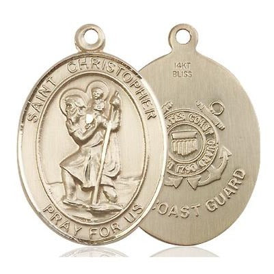 St. Christopher Coast Guard Medal Necklace - 14K Gold - 1 Inch Tall x 3/4 Inch Wide with 18" Chain