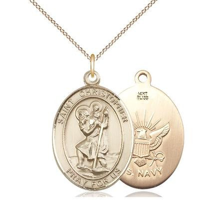 St. Christopher Navy Medal Necklace - 14K Gold - 1 Inch Tall x 3/4 Inch Wide with 18" Chain