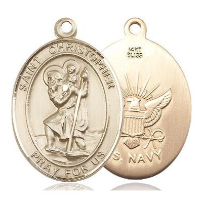 St Christopher Navy Medal Necklace - 14K Gold - 1 Inch Tall x 3/4 Inch Wide with 24" Chain
