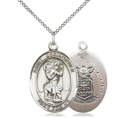 St. Christopher Air Force Medal Necklace - Sterling Silver - 1 Inch Tall x 3/4 Inch Wide with 18" Chain