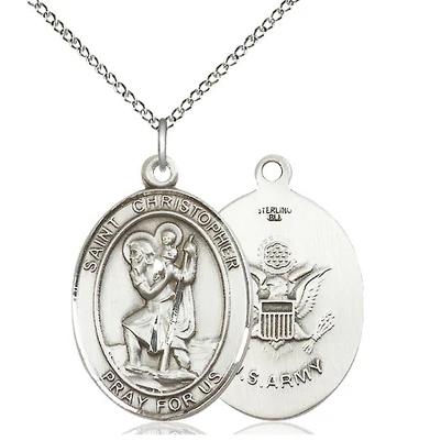 St. Christopher Army Medal Necklace - Sterling Silver - 1 Inch Tall x 3/4 Inch Wide with 18" Chain