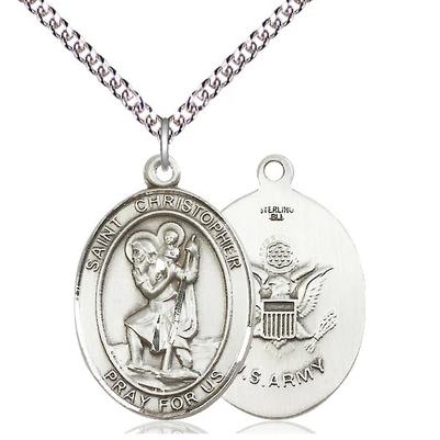 St. Christopher Army Medal Necklace - Sterling Silver - 1 Inch Tall x 3/4 Inch Wide with 24" Chain
