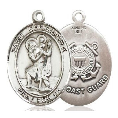St. Christopher Coast Guard Medal Necklace - Sterling Silver - 1 Inch Tall x 3/4 Inch Wide with 24" Chain