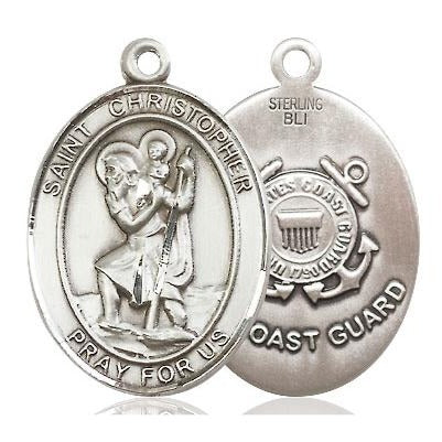 St. Christopher Coast Guard Medal Necklace - Sterling Silver - 1 Inch Tall x 3/4 Inch Wide with 18" Chain