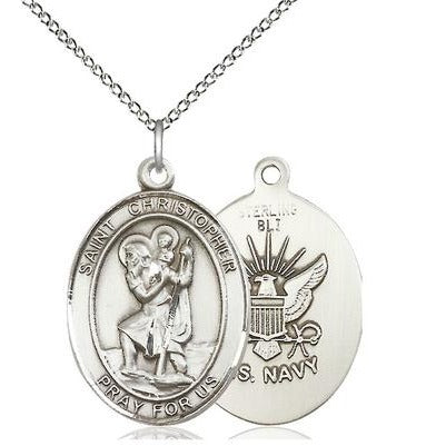 St. Christopher Navy Medal Necklace - Sterling Silver - 1 Inch Tall x 3/4 Inch Wide with 18" Chain