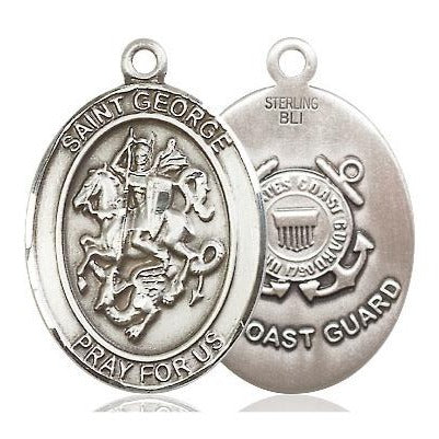 St. George Coast Guard Medal Necklace - Sterling Silver - 1 Inch Tall x 3/4 Inch Wide with 24" Chain
