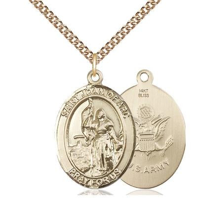 St. Joan of Arc Army Medal Necklace - 14K Gold - 1 Inch Tall x 3/4 Inch Wide with 24" Chain