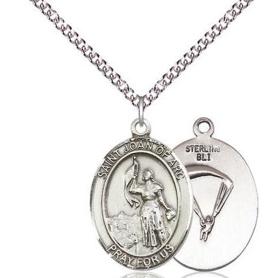 St. Joan of Arc Paratrooper Medal Necklace - Sterling Silver - 1 Inch Tall x 3/4 Inch Wide with 24" Chain