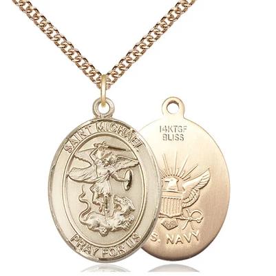 St. Michael Navy Medal Necklace - 14K Gold Filled - 1 Inch Tall x 3/4 Inch Wide with 24" Chain