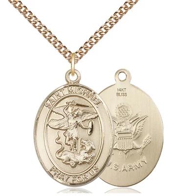 St. Michael Army Medal Necklace - 14K Gold - 1 Inch Tall x 3/4 Inch Wide with 24" Chain