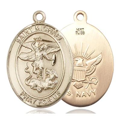 St. Michael Navy Medal Necklace - 14K Gold - 1 Inch Tall x 3/4 Inch Wide with 24" Chain