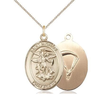 St. Michael Paratrooper Medal Necklace - 14K Gold - 1 Inch Tall x 3/4 Inch Wide with 18" Chain