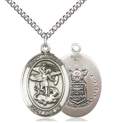 St. Michael Air Force Medal Necklace - Sterling Silver - 1 Inch Tall x 3/4 Inch Wide with 24" Chain