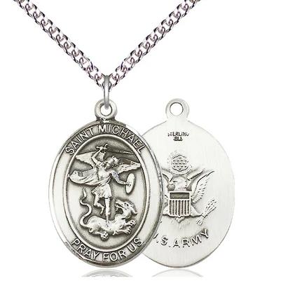 St. Michael Army Medal Necklace - Sterling Silver - 1 Inch Tall x 3/4 Inch Wide with 24" Chain
