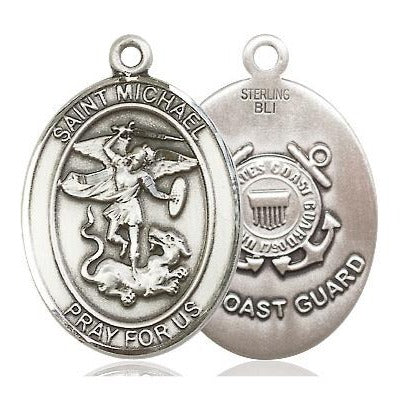 St. Michael Coast Guard Medal Necklace - Sterling Silver - 1 Inch Tall x 3/4 Inch Wide with 18" Chain