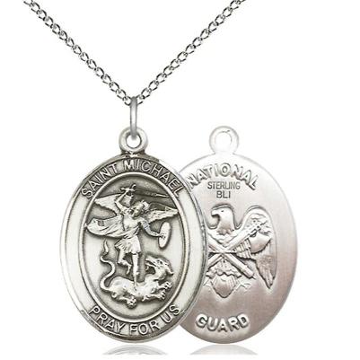 St. Michael National Guard Medal Necklace - Sterling Silver - 1 Inch Tall x 3/4 Inch Wide with 18" Chain