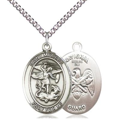 St. Michael National Guard Medal Necklace - Sterling Silver - 1 Inch Tall x 3/4 Inch Wide with 24" Chain