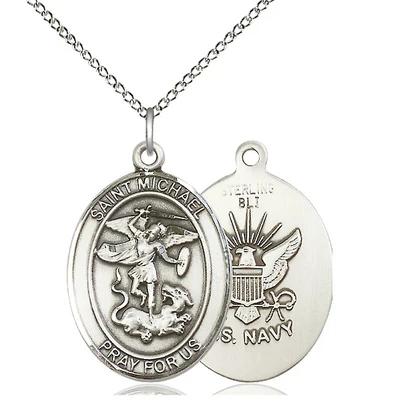 St. Michael Navy Medal Necklace - Sterling Silver - 1 Inch Tall x 3/4 Inch Wide with 18" Chain