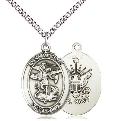 St. Michael Navy Medal Necklace - Sterling Silver - 1 Inch Tall x 3/4 Inch Wide with 24" Chain