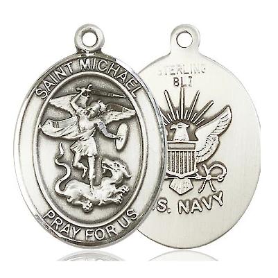 St. Michael Navy Medal Necklace - Sterling Silver - 1 Inch Tall x 3/4 Inch Wide with 18" Chain