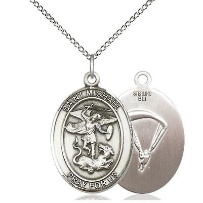 St. Michael Paratrooper Medal Necklace - Sterling Silver - 1 Inch Tall x 3/4 Inch Wide with 18" Chain