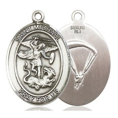 St. Michael Paratrooper Medal Necklace - Sterling Silver - 1 Inch Tall x 3/4 Inch Wide with 24" Chain