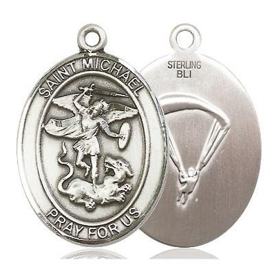 St. Michael Paratrooper Medal Necklace - Sterling Silver - 1 Inch Tall x 3/4 Inch Wide with 18" Chain