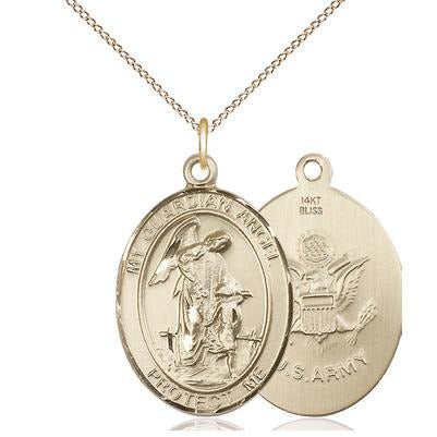 Guardian Angel Army Medal Necklace - 14K Gold - 1 Inch Tall x 3/4 Inch Wide with 18" Chain