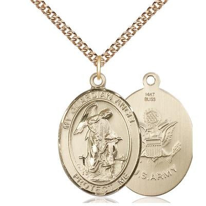 Guardian Angel Army Medal Necklace - 14K Gold - 1 Inch Tall x 3/4 Inch Wide with 24" Chain