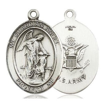 Guardian Angel Army Medal - Sterling Silver - 1 Inch Tall x 3/4 Inch Wide