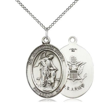 Guardian Angel Army Medal Necklace - Sterling Silver - 1 Inch Tall x 3/4 Inch Wide with 18" Chain