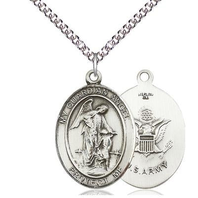 Guardian Angel Army Medal Necklace - Sterling Silver - 1 Inch Tall x 3/4 Inch Wide with 24" Chain