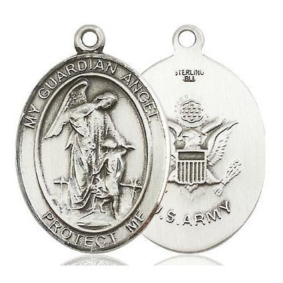 Guardian Angel Army Medal Necklace - Sterling Silver - 1 Inch Tall x 3/4 Inch Wide with 18" Chain