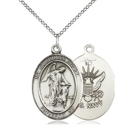 Guardian Angel Navy Medal Necklace - Sterling Silver - 1 Inch Tall x 3/4 Inch Wide with 18" Chain